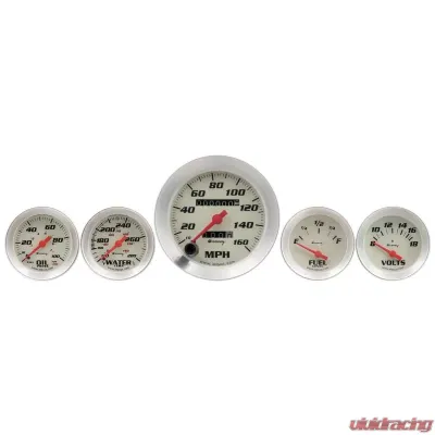 AutoMeter Gauge Set; 3-3/8in. Mech Speedo; 2in. OILP/WTEMP/FUEL/VOLT; Wht; Slvr; 8000 Seri - E8500