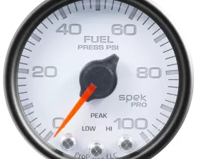 AutoMeter GAUGE; FUEL PRESS; 2 1/16in.; 100PSI; STEPPER MOTOR W/PEAK/WARN; WHT/BLK; SPEK