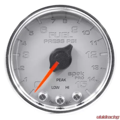 AutoMeter GAUGE; FUEL PRESS; 2 1/16in.; 15PSI; STEPPER MOTOR W/PEAK/WARN; SLVR/CHRM; SPEK - P31521