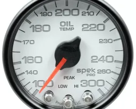 AutoMeter GAUGE; OIL TEMP; 2 1/16in.; 300deg.F; STEPPER MOTOR W/PEAK/WARN; WHT/BLK; SPEK-P