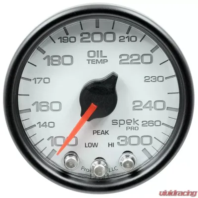 AutoMeter GAUGE; OIL TEMP; 2 1/16in.; 300deg.F; STEPPER MOTOR W/PEAK/WARN; WHT/BLK; SPEK-P - P32212