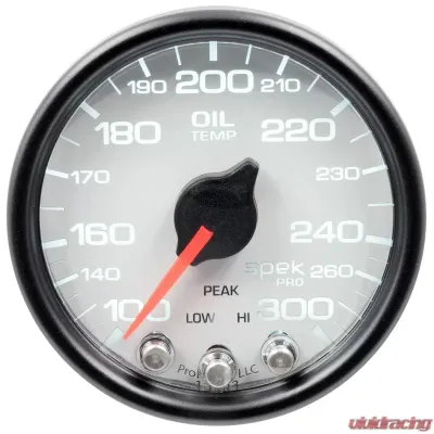 AutoMeter GAUGE; OIL TEMP; 2 1/16in.; 300deg.F; STEPPER MOTOR W/PEAK/WARN; WHT/BLK; SPEK-P - P32212