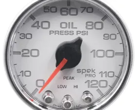 AutoMeter GAUGE; OIL PRESS; 2 1/16in.; 120PSI; STEPPER MOTOR W/PEAK/WARN; WHT/CHRM; SPEK