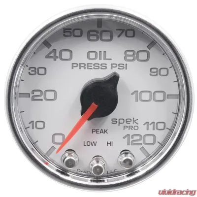 AutoMeter GAUGE; OIL PRESS; 2 1/16in.; 120PSI; STEPPER MOTOR W/PEAK/WARN; WHT/CHRM; SPEK - P32511