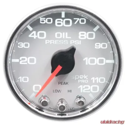 AutoMeter GAUGE; OIL PRESS; 2 1/16in.; 120PSI; STEPPER MOTOR W/PEAK/WARN; WHT/CHRM; SPEK - P32511