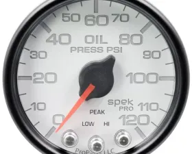 AutoMeter GAUGE; OIL PRESS; 2 1/16in.; 120PSI; STEPPER MOTOR W/PEAK/WARN; WHT/BLK; SPEK