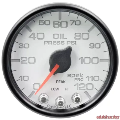 AutoMeter GAUGE; OIL PRESS; 2 1/16in.; 120PSI; STEPPER MOTOR W/PEAK/WARN; WHT/BLK; SPEK - P32512