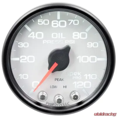 AutoMeter GAUGE; OIL PRESS; 2 1/16in.; 120PSI; STEPPER MOTOR W/PEAK/WARN; WHT/BLK; SPEK - P32512