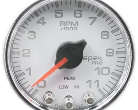 AutoMeter GAUGE; TACH; 2 1/16in.; 11K RPM; W/SHIFT LIGHT/PEAK MEM; WHT/CHRM; SPEK-PRO