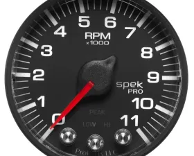 AutoMeter GAUGE; TACH; 2 1/16in.; 11K RPM; W/SHIFT LIGHT/PEAK MEM; BLK/BLK; SPEK-PRO