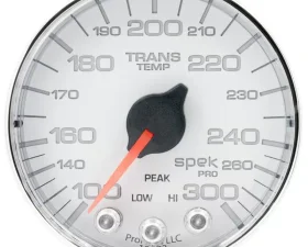 AutoMeter GAUGE; TRANS TEMP; 2 1/16in.; 300deg.F; STEPPER MOTOR W/PK/WRN; WHT/CHRM; SPEK-P