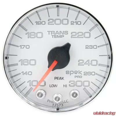 AutoMeter GAUGE; TRANS TEMP; 2 1/16in.; 300deg.F; STEPPER MOTOR W/PK/WRN; WHT/CHRM; SPEK-P - P342118