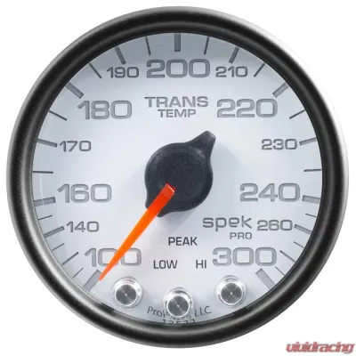 AutoMeter GAUGE; TRANS TEMP; 2 1/16in.; 300deg.F; STEPPER MOTOR W/PEAK/WRN; WHT/BLK; SPEK- - P34212