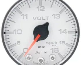 AutoMeter GAUGE; VOLTMETER; 2 1/16in.; 16V; STEPPER MOTOR W/PEAK/WARN; WHT/BLK; SPEK-PRO