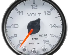 AutoMeter GAUGE; VOLTMETER; 2 1/16in.; 16V; STEPPER MOTOR W/PEAK/WARN; WHT/BLK; SPEK-PRO