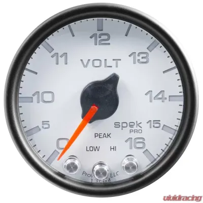 AutoMeter GAUGE; VOLTMETER; 2 1/16in.; 16V; STEPPER MOTOR W/PEAK/WARN; WHT/BLK; SPEK-PRO - P34412