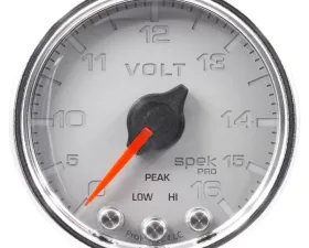 AutoMeter GAUGE; VOLTMETER; 2 1/16in.; 16V; STEPPER MOTOR W/PEAK/WARN; SLVR/CHRM; SPEK-PRO
