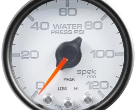 AutoMeter GAUGE; WATER PRESS; 2 1/16in.; 120PSI; STEPPER MOTOR W/PEAK/WARN; WHT/BLK; SPEK