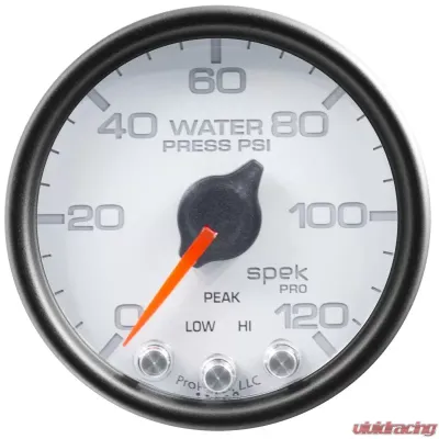AutoMeter GAUGE; WATER PRESS; 2 1/16in.; 120PSI; STEPPER MOTOR W/PEAK/WARN; WHT/BLK; SPEK - P34512