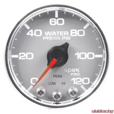 AutoMeter GAUGE; WATER PRESS; 2 1/16in.; 120PSI; STEPPER MOTOR W/PEAK/WRN; SLVR/CHRM; SPEK - P34521