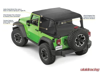 MasterTop Jeep JK Combo For Soft Top Equipped Cable Style Bimini Top For 2007-2009 Wrangler JK 2 Door w/s Header WindStopper Plus and Tonneau - 14810324