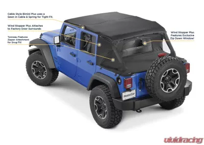 MasterTop Jeep JK Combo For Soft Top Equipped Cable Style Bimini Top Plus 2007-2009 Wrangler JK 4 Door w/s Header Includes Conversion Kit WindStopper Plus and Tonneau MasterTwill - 14810424