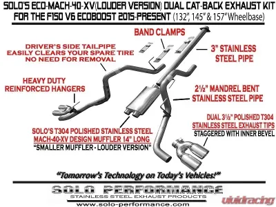 Solo Performance Eco-Mach-40-XV Dual Catback Exhaust System - Louder Version (132" Wheel Base) Ford F-150 V6 2015-2019 - 993132SL