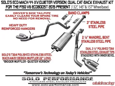Solo Performance Eco-Mach-44-XV Dual Catback Exhaust System - Quieter Version (132" Wheel Base) Ford F-150 V6 2015-2019 - 993134SL