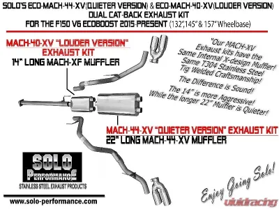Solo Performance Eco-Mach-44-XV Dual Catback Exhaust System - Quieter Version (132" Wheel Base) Ford F-150 V6 2015-2019 - 993134SL