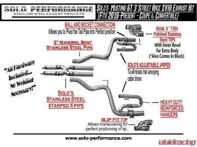 Solo Performance Street-Race-XVIII Exhaust System (Black Tips) Ford Mustang GT 2018+ - 993197BK