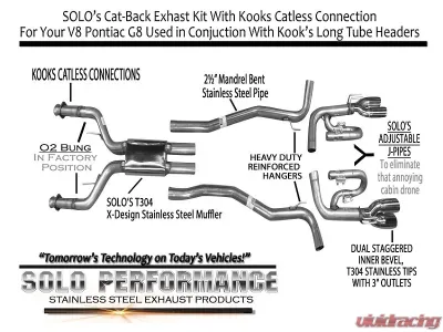Solo Performance 2.5" Solo Mach-Shorty Kit w/ Race Connection to Kook's (Standard Pipe) Pontiac G8 V8 2008-2009 - 994194ML