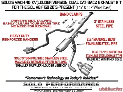 Solo Performance Mach-40-XV Dual Catback Exhaust System - Louder Version (157" Wheel Base) Ford F-150 5.0L 2015-2019 - 998170SL