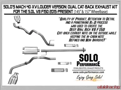 Solo Performance Mach-40-XV Dual Catback Exhaust System - Louder Version (157" Wheel Base) Ford F-150 5.0L 2015-2019 - 998170SL