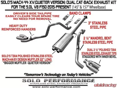 Solo Performance Mach-44-XV Dual Catback Exhaust System - Quieter Version (145" Wheel Base) Ford F-150 5.0L 2015-2019 - 998144SL