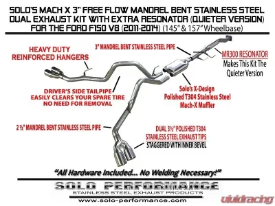 Solo Performance Mach-X-V8-Dual Catback Exhaust Kit w/ Extra Resonator (145" Wheel Base) Ford F-150 2011-2014 - 998147SL