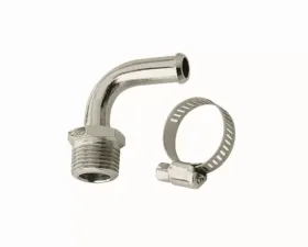 Mr. Gasket Fuel Line Fitting - 3/8 Inch NPT to 3/8 Inch Hose Barb - 90 Degree - Chrome
