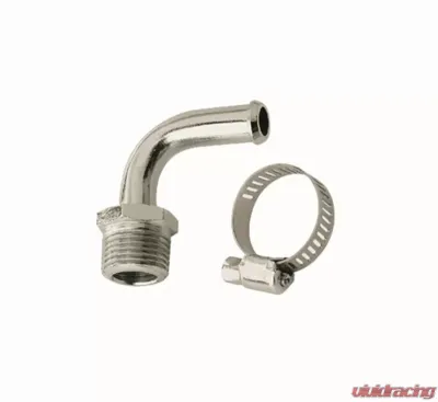Mr. Gasket Fuel Line Fitting - 3/8 Inch NPT to 3/8 Inch Hose Barb - 90 Degree - Chrome - 2970G