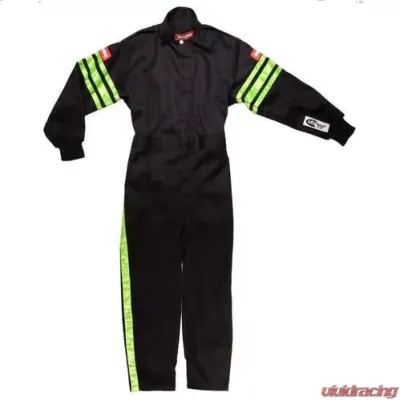 RaceQuip Pro-1 Single Layer Youth Racing Suit - Black/Green Trim - Youth Medium - 1950793