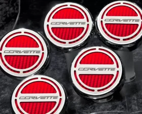 American Car Craft 5Pc Auto Trans Red Carbon Fiber Corvette Style Fluid Cap Covers Chevrolet Corvette Stingray C7 | Z06 | Z51 2014-2019