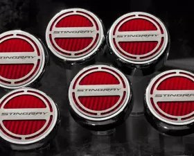 American Car Craft 6Pc Manual Trans Black Carbon Fiber Stingray Script Fluid Cap Covers Chevrolet Corvette C7 | Z06 | Z51 2014-2019