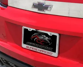 American Car Craft Stainless Black Carbon Fiber Custom Supercharged License Plate Frame Chevrolet Camaro