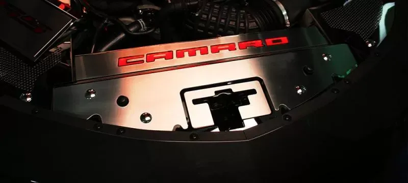 American Car Craft Stainless Illuminated Red LED Front Header Plate Chevrolet Camaro 2016-2020 - ACC-103098-RDL