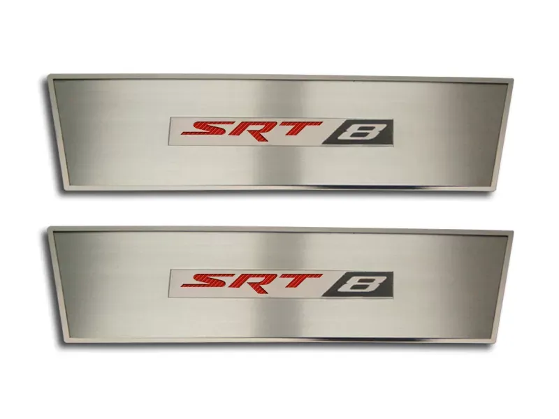 American Car Craft 2Pc Orange Carbon Fiber Stainless Steel Door Badge Plate w/SRT8 Inlay Dodge Challenger 2008-2014 - ACC-151023-ORG