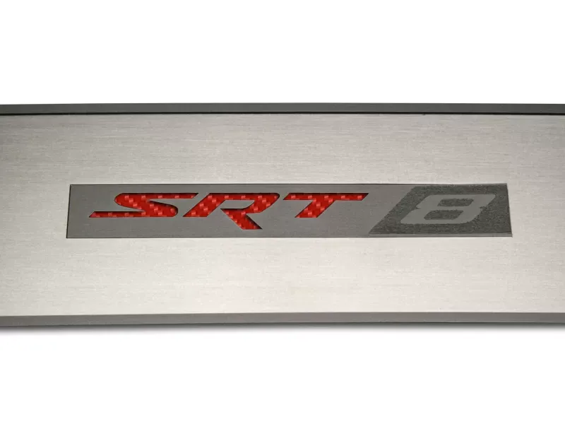 American Car Craft 2Pc Red Carbon Fiber Stainless Steel Door Badge Plate w/SRT8 Inlay Dodge Challenger 2008-2014 - ACC-151023-RD