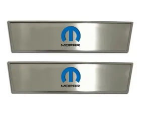 American Car Craft 2Pc Brushed Stainless Door Badge Plate w/Blue MOPAR Omega Inlay Dodge Challenger 2008-2014