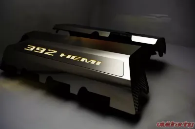 American Car Craft Blue LED Manual Polished Fuel Rail Covers w/392 HEMI Inlay Dodge Challenger 6.4L 2011-2022 - ACC-153064-BLUL