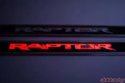 American Car Craft 2Pc Carbon Fiber Front Door Sills w/White LED Illuminated Raptor Lettering Ford Raptor 2010-2014 - ACC-771037-WHTL