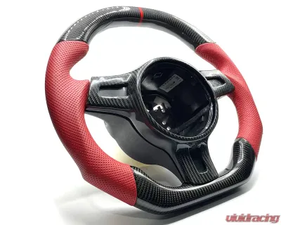 Porsche 997.2 | 991 | 981 | 970 PDK Paddle OEM Steering Wheel Carbon Fiber Red Stripe Red Leather Grips - VR-PORS-9972-PDK2-STRWHL