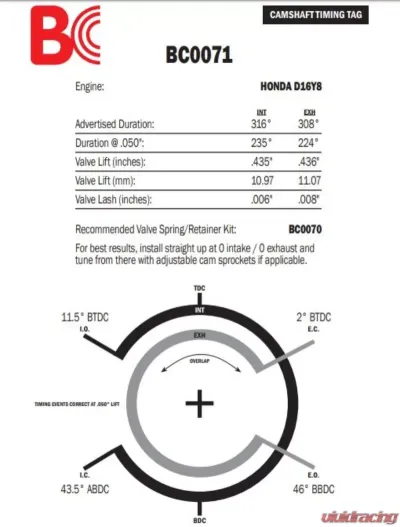 Brian Crower CamShaft Stage 2 Normally Aspirated Street Honda D16Y8 - BC0071