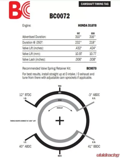 Brian Crower CamShaft Stage 2 Forced Induction Honda D16Y8 - BC0072
